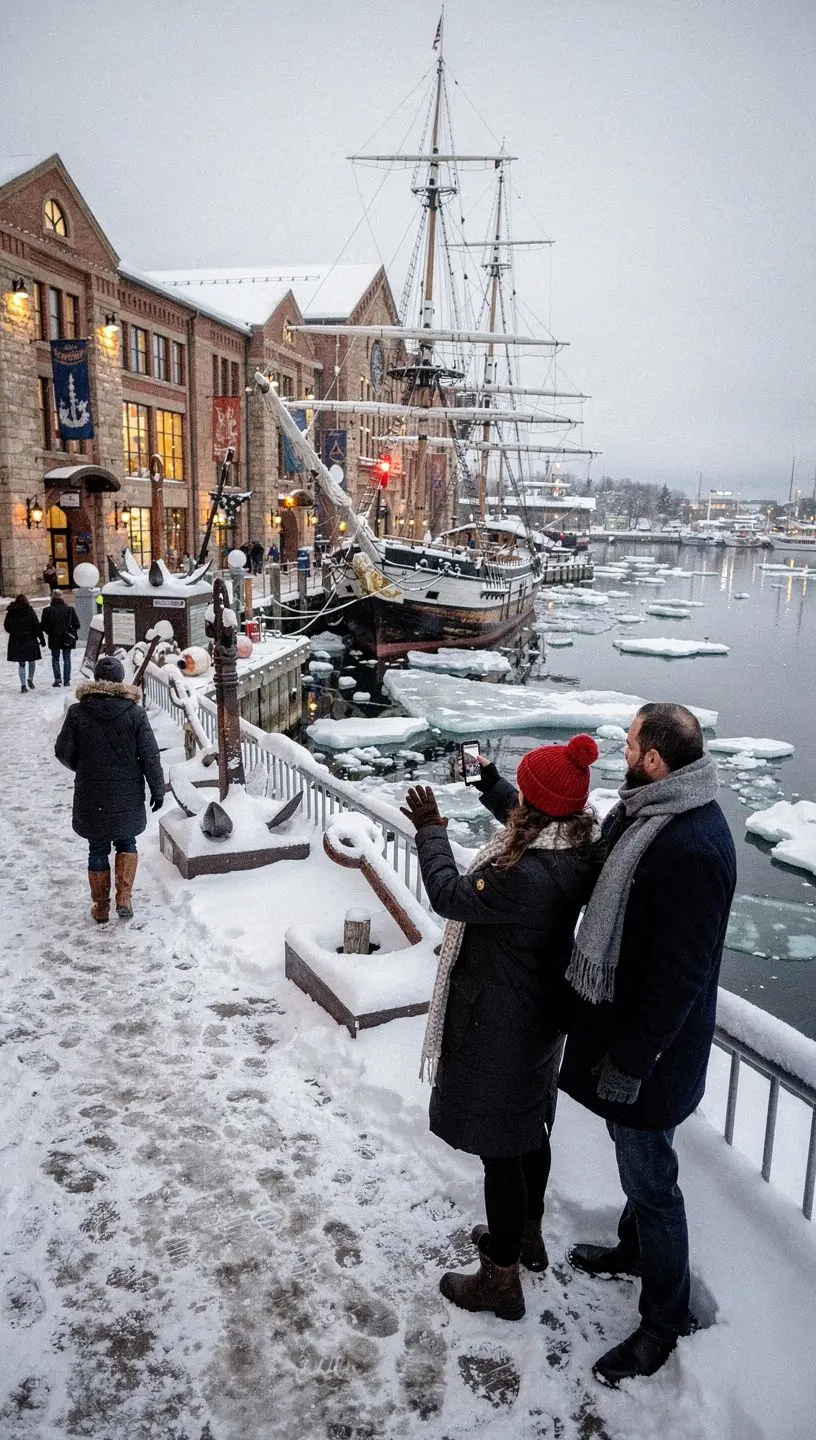 Blick auf die große Hafenstadt Hamburg bei Sonnenuntergang mit Schiffen im Vordergrund.